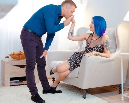 Blue-haired babe enjoys dick on floor